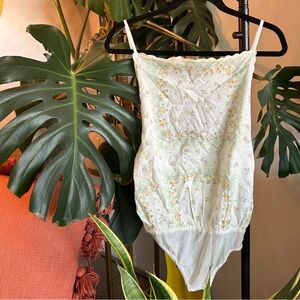 Free People Cream Floral Embellished Fitted Camisole Bodysuit